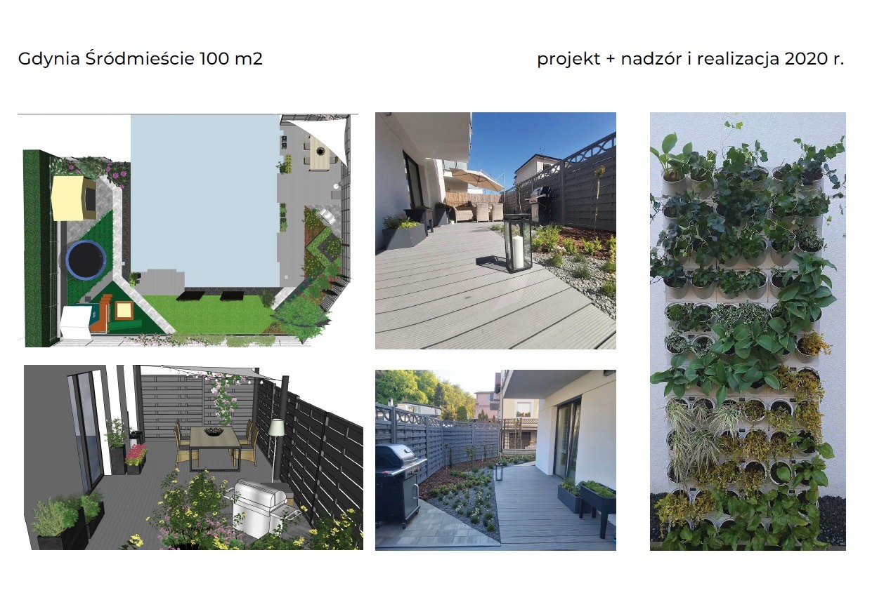Projekt i realizacja ogrodu w Gdyni: plan ogrodu z trampoliną, taras z szarej deski kompozytowej z grillem i oświetleniem, oraz pionowa ściana z roślin w doniczkach.