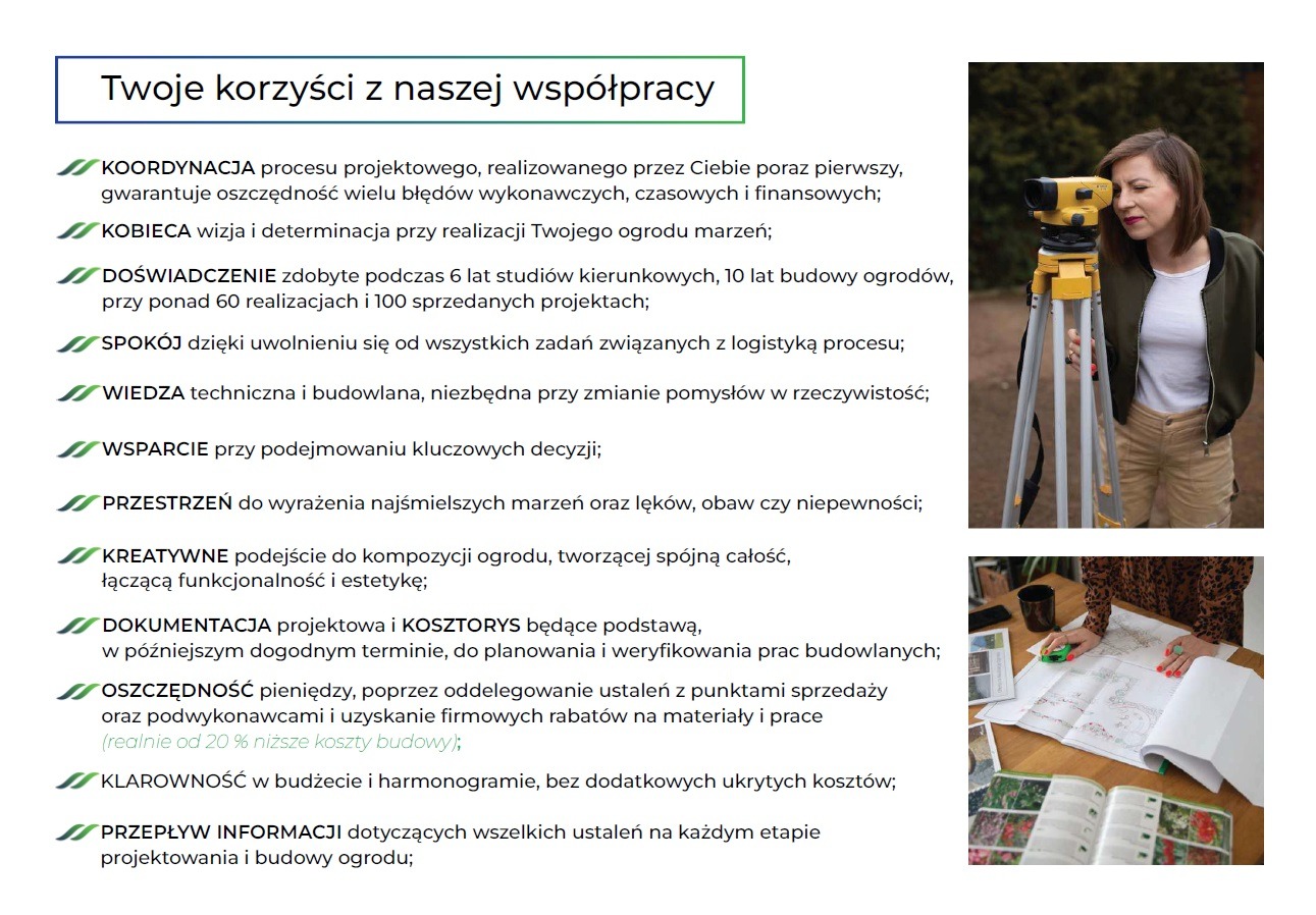 Kobieta mierzy teren teodolitem, prawdopodobnie w celu przygotowania projektu ogrodu. Na stole leżą plany i materiały informacyjne.
