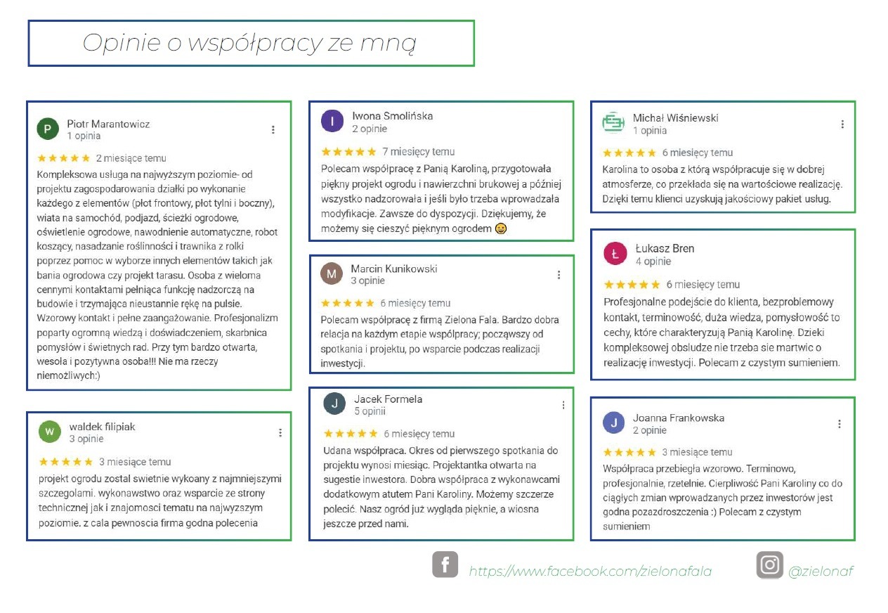 Zrzut ekranu z opiniami klientów o firmie ogrodniczej, zawierający pozytywne recenzje dotyczące projektowania, realizacji i wsparcia w zakresie ogrodów i nawierzchni.