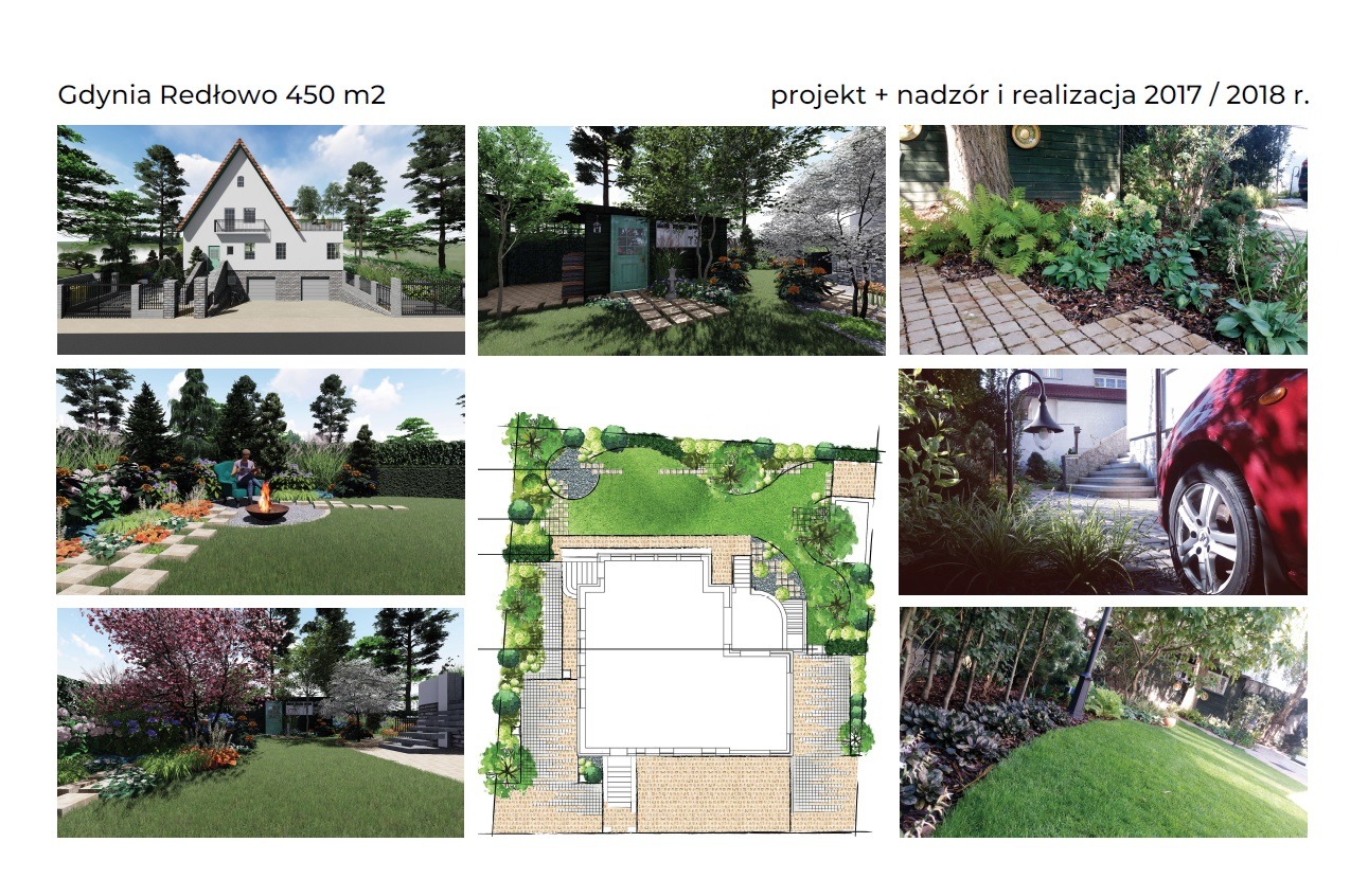 Kolaż prezentujący projekt i realizację ogrodu w Gdyni Redłowo, obejmujący wizualizacje domu z ogrodem, plan zagospodarowania terenu, ścieżki z kostki brukowej, rabaty kwiatowe, trawnik...