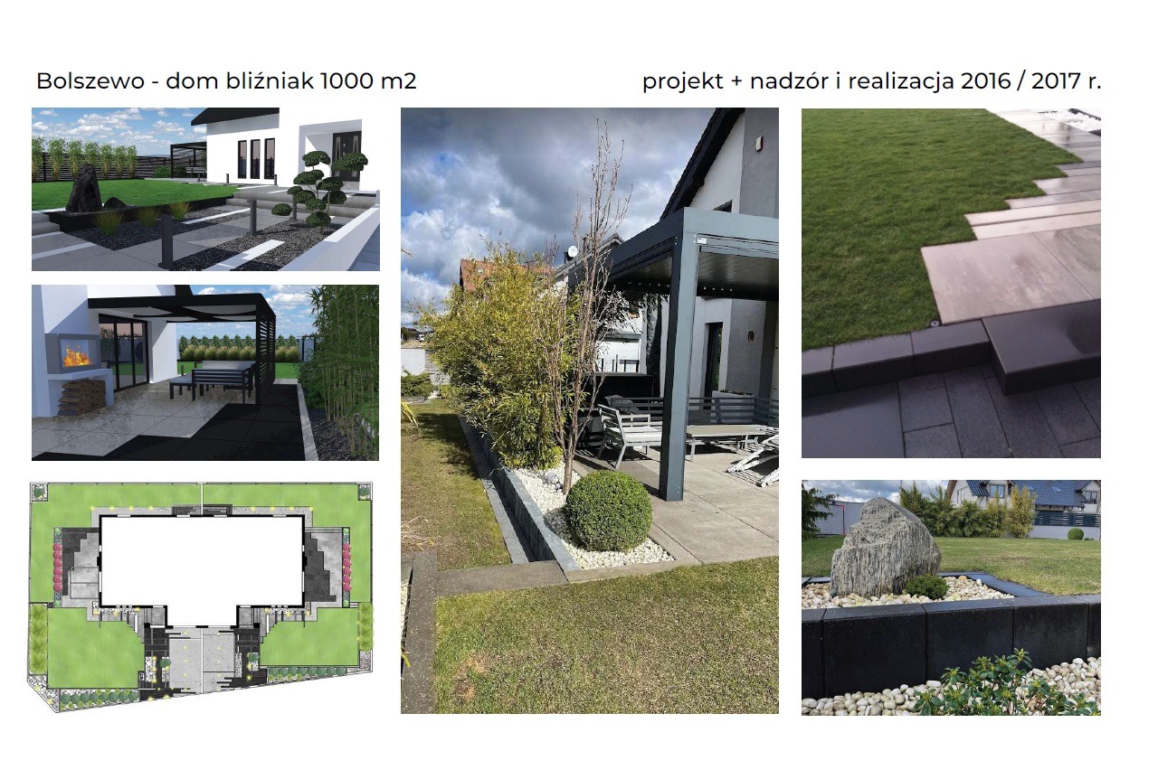 Kolaż prezentujący projekt zagospodarowania terenu wokół domu bliźniaka, obejmujący wizualizacje 3D, plan oraz zdjęcia z realizacji: pergola, ścieżki z kostki, trawnik, rabaty z kamieniami...