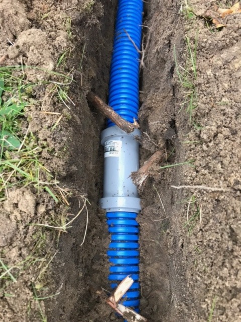 Niebieska rura karbowana, połączona szarą złączką, ułożona w wąskim wykopie w ziemi, widoczne korzenie i gałązki w ziemi.