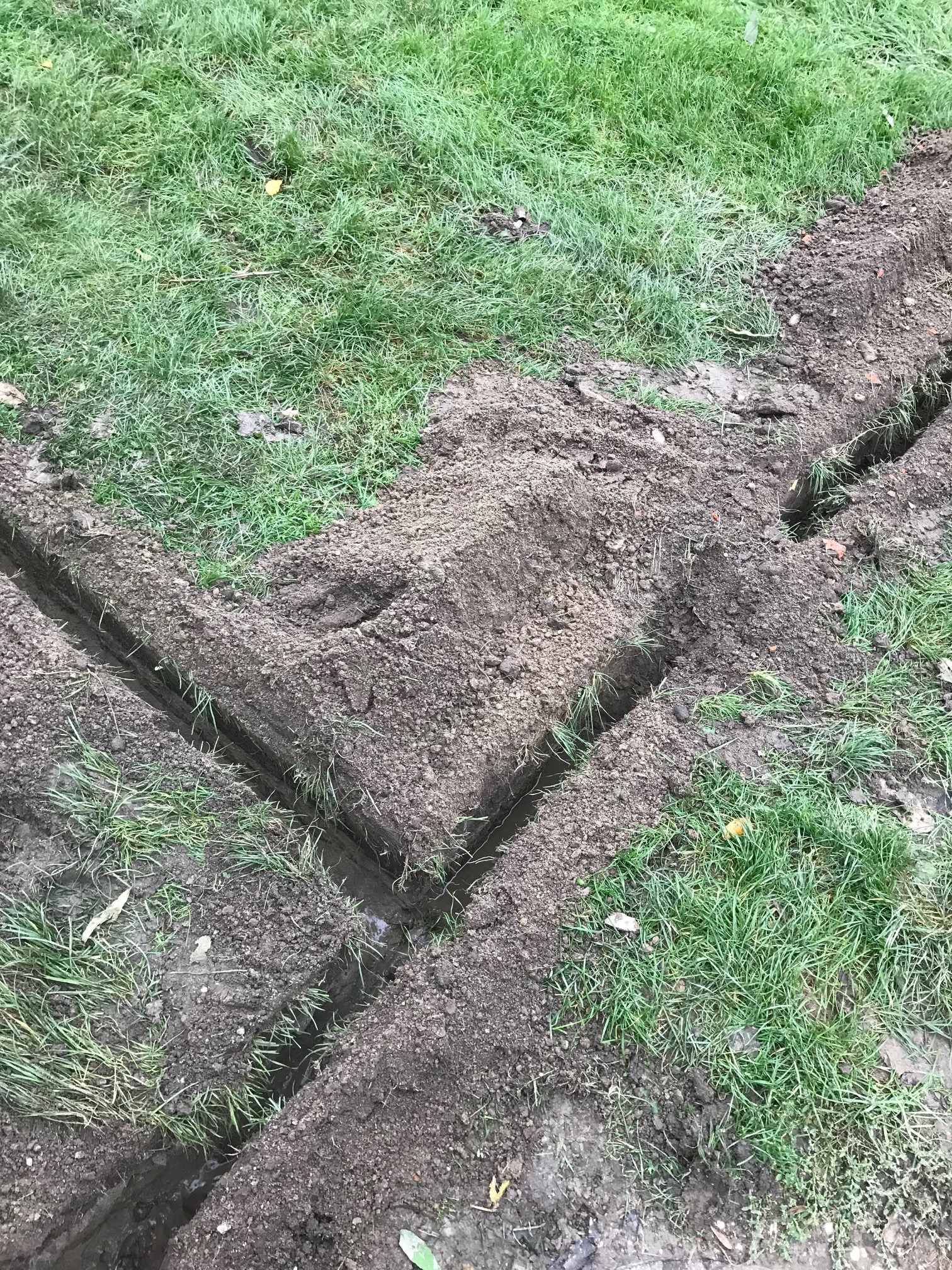 Wykonane w ziemi wykopy pod instalację, widoczne świeżo wykopane rowy w trawie, ziemia wilgotna, trawa zielona.