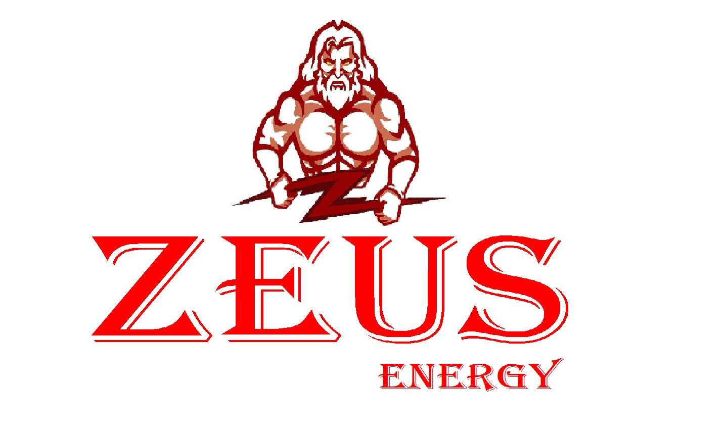 Grafika wektorowa przedstawia stylizowaną postać Zeusa trzymającego błyskawicę, umieszczoną nad napisem 'ZEUS ENERGY' w czerwonej kolorystyce.