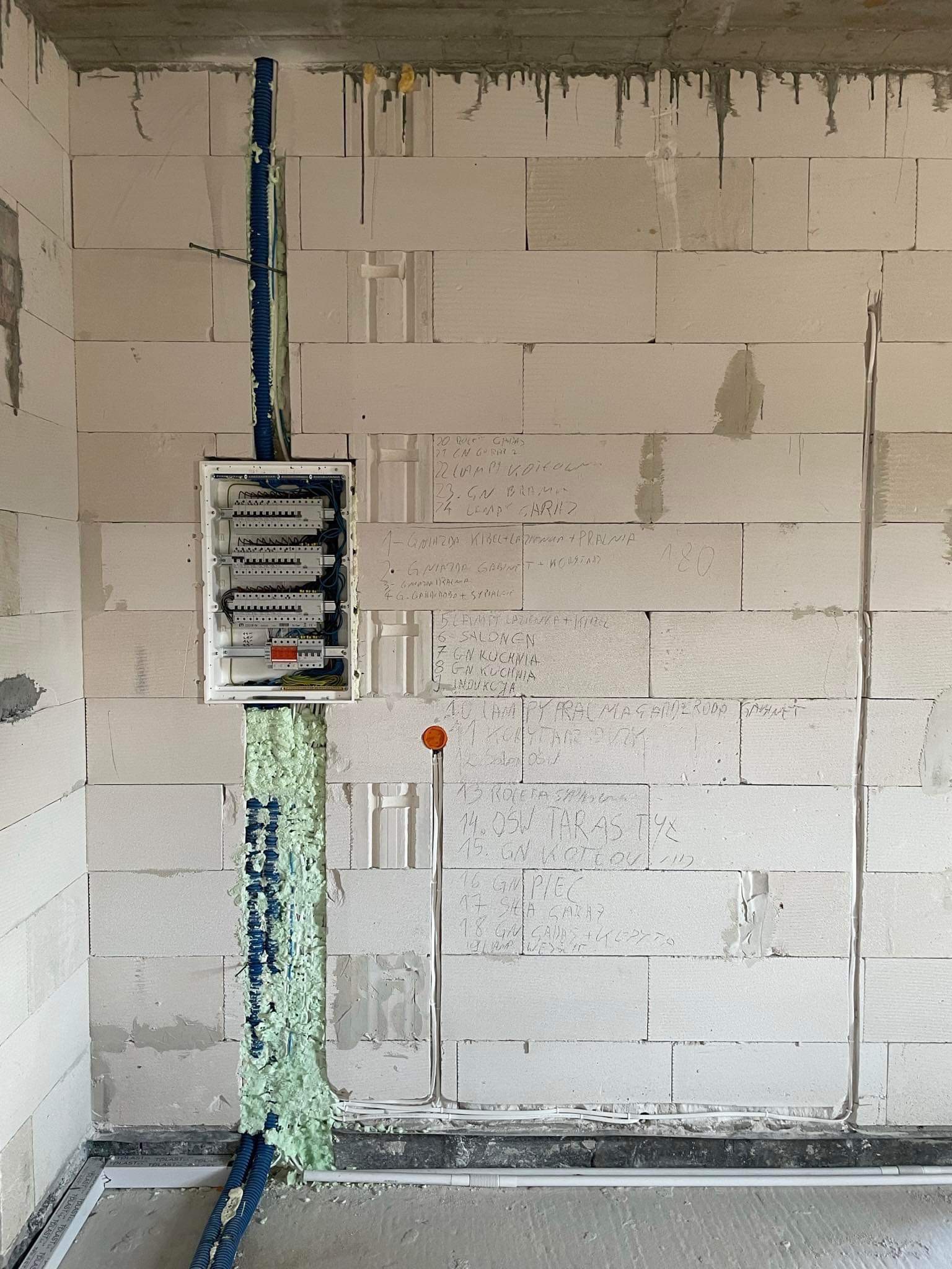 Rozdzielnia elektryczna natynkowa w surowym wnętrzu, przewody w peszlach zalane pianką montażową, ściany z betonu komórkowego z odręcznymi notatkami.