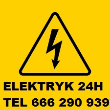 Żółty znak ostrzegawczy z symbolem błyskawicy i napisem 'ELEKTRYK 24H' oraz numerem telefonu.