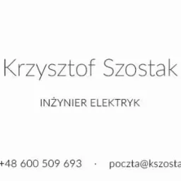 Wizyt&oacute;wka inżyniera elektryka Krzysztofa Szostaka z numerem telefonu i adresem e-mail, utrzymana w minimalistycznej, szaro-białej kolorystyce.