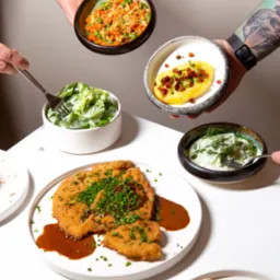 Stół z aranżacją dań: sznycel z sosem i posiekanym szczypiorkiem, sałatka zielona, sałatka ogórkowa w śmietanie, puree ziemniaczane z boczkiem, sałatka warzywna z kaszą, deser z bezą, trzymane...