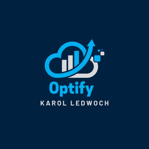 Logo firmy Optify z Warszawy: niebieska chmura z wykresem słupkowym i strzałką skierowaną w górę, pikselowy efekt przejścia, nazwa firmy i imię Karol Ledwoch na ciemnoniebieskim tle.