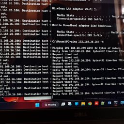 PRONET Piotr Prochwicz - Ekran laptopa Dell z uruchomionym wierszem poleceń systemu Windows, wyświetlającym wyniki komendy 'ping' do adresu 192.168.26.254, z widocznymi zarówno odpowiedziami, jak i informacjami...