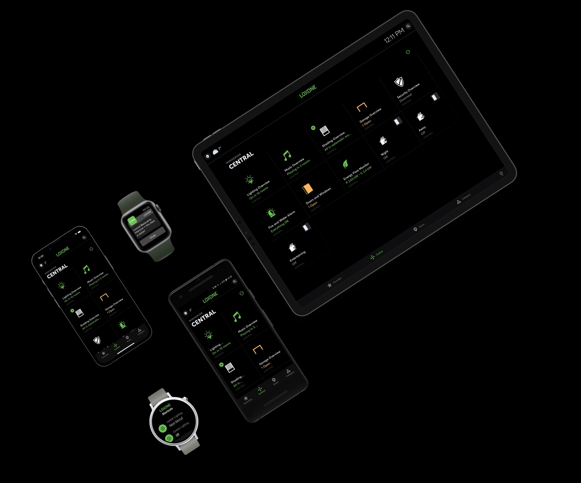 Ekrany urządzeń (tablet, smartfony, smartwatche) prezentujące interfejs systemu inteligentnego domu Loxone, z widokiem na centralny panel sterowania oświetleniem, muzyką, alarmem i innymi funkcjami.