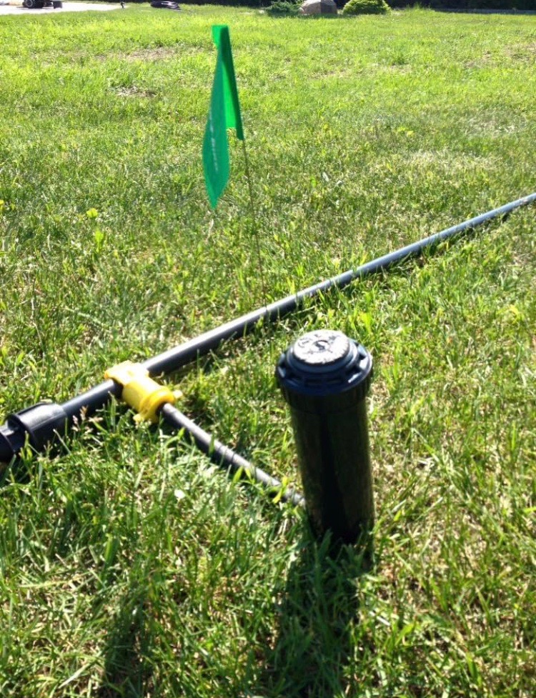 Zainstalowany zraszacz wynurzalny z czarną obudową i szarą dyszą, podłączony do czarnej rury z żółtym łącznikiem na trawniku oświetlonym słońcem, oznaczony zieloną chorągiewką.