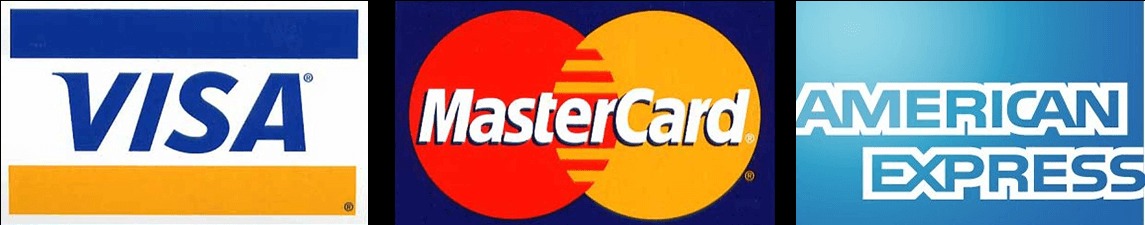 Logotypy kart płatniczych: Visa z niebieskim napisem na białym tle z żółtym paskiem, Mastercard z dwoma zachodzącymi na siebie czerwonym i żółtym okręgiem na niebieskim tle, American Express...
