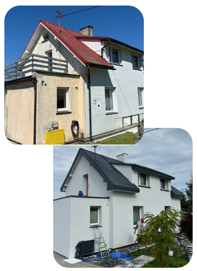 Porównanie elewacji budynku przed i po renowacji: od kremowo-białej z czerwonym dachem do jednolitej bieli z grafitowym dachem. Widoczny fragment ogrodu i drabina oparta o ścianę.