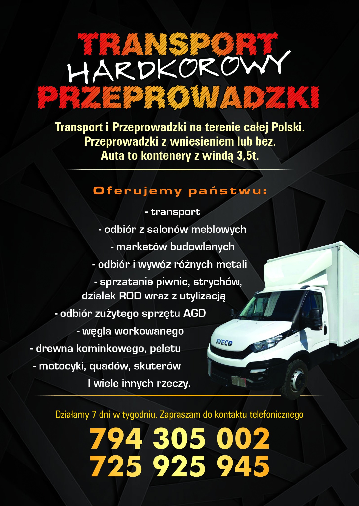 Grafika reklamowa firmy transportowej oferującej transport różnego rodzaju towarów, w tym przeprowadzek, z wykorzystaniem kontenerów z windą, oraz odbiór mebli, materiałów budowlanych, metali...