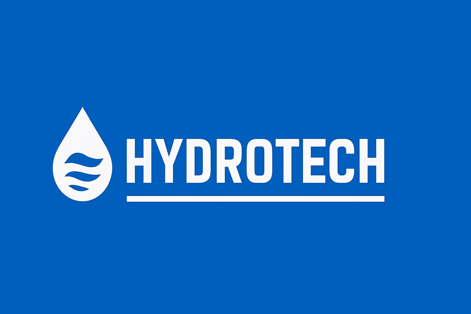 Logo firmy Hydrotech na niebieskim tle. Biały symbol kropli z falami i biały napis HYDROTECH z podkreśleniem. Minimalistyczny design.