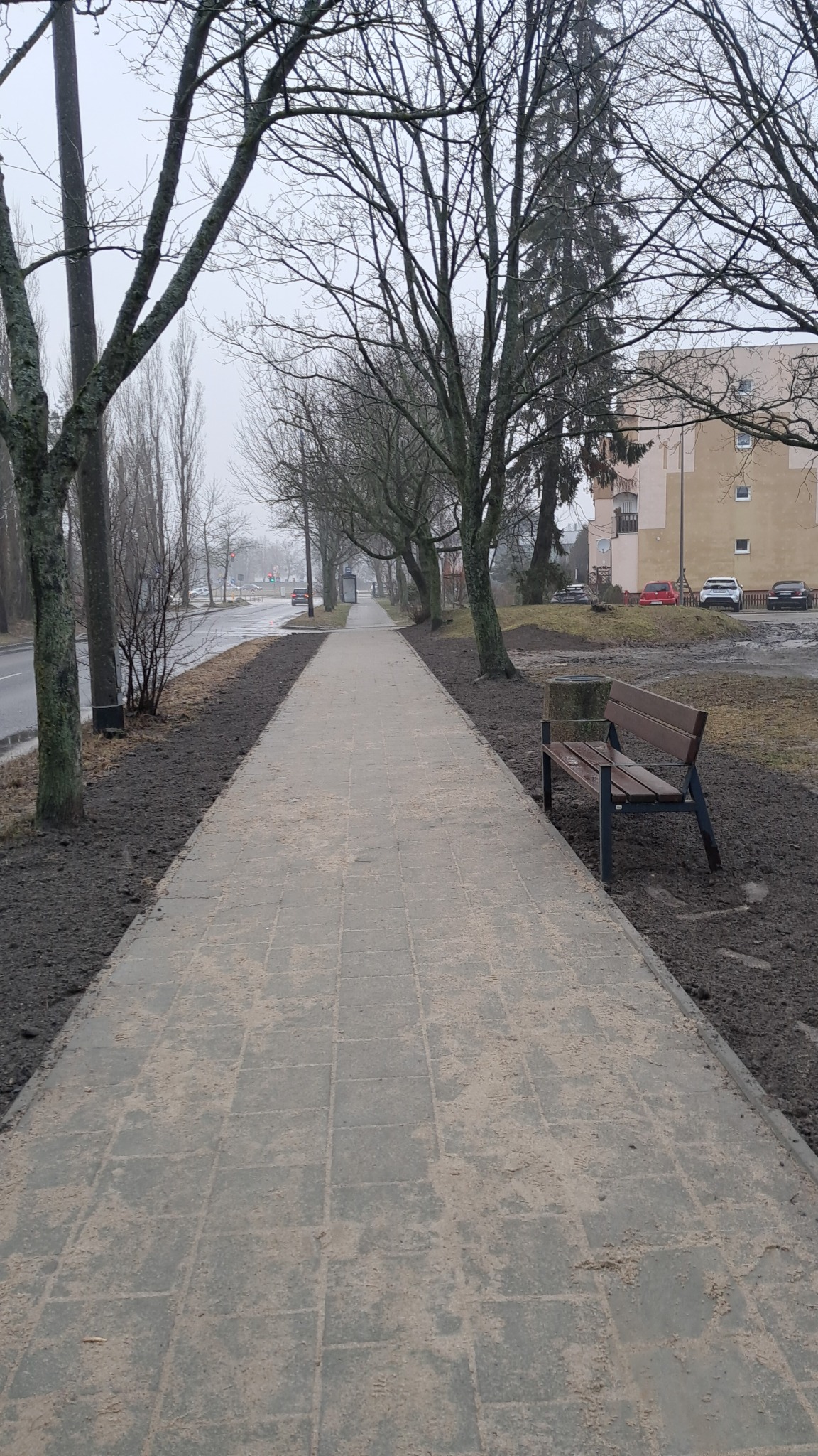 Szary chodnik z kostki wzdłuż drogi i drzew, świeżo obsypany ziemią, z ławką w tle, pochmurny dzień.
