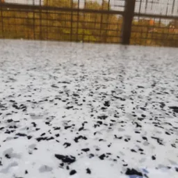 Jasna posadzka z czarnymi i szarymi płatkami, widok z niskiej perspektywy na zewnątrz, z widoczną metalową konstrukcją w tle.