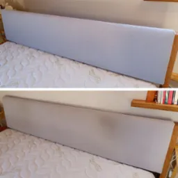 Porównanie zagłówka łóżka przed i po czyszczeniu ekstrakcyjnym. Widoczne różnice w odcieniu szarości tapicerki oraz materac Aloe Vera w tle.