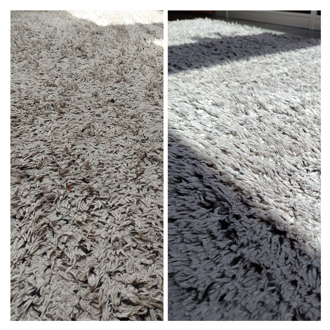 Dywan typu shaggy podzielony na dwie części: po lewej brudny, po prawej czysty, z widocznym cieniem okna.