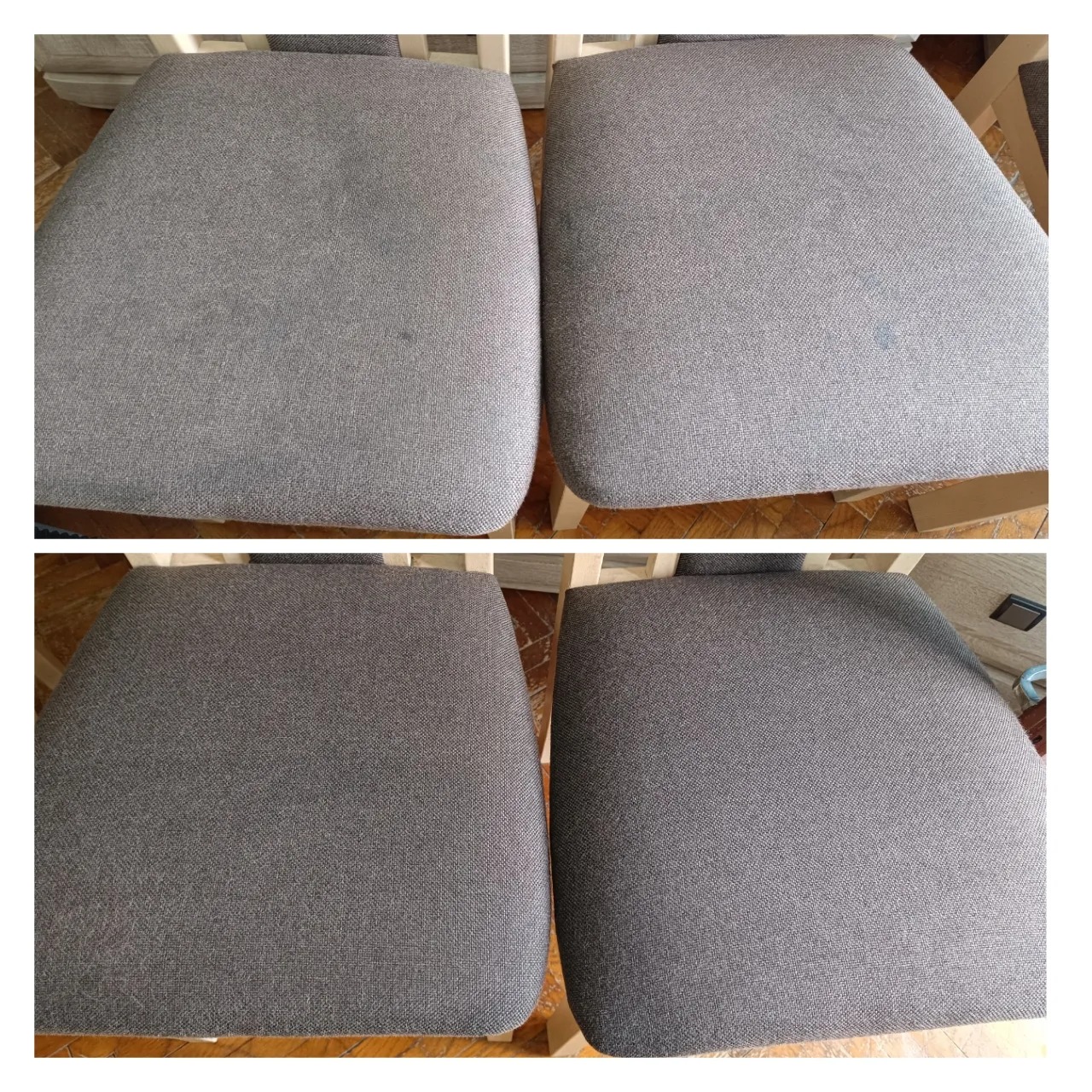 Dwa krzesła z szarą tapicerką przed i po czyszczeniu. Na lewym krześle widoczny ślad po plamie przed czyszczeniem.