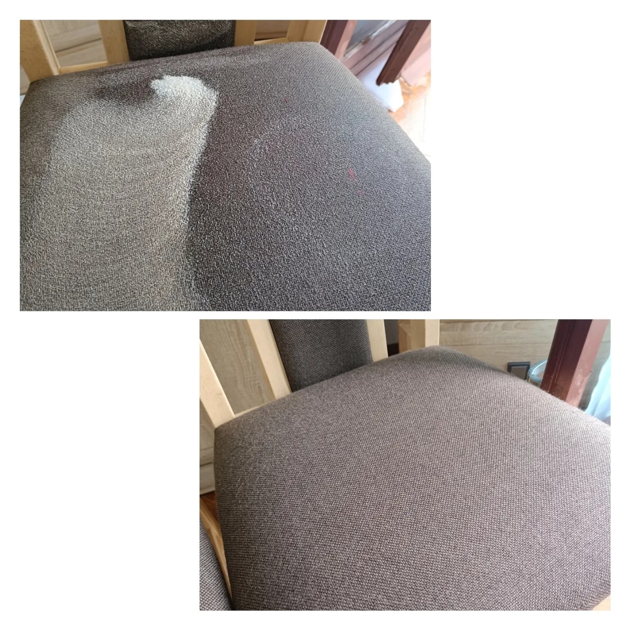 Krzesło tapicerowane: widoczna różnica przed (zabrudzenie, plamy) i po praniu (czysta tapicerka)