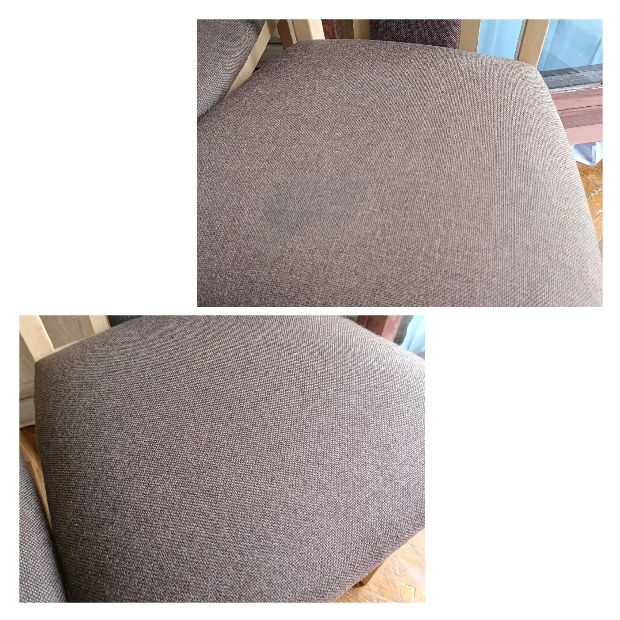 Dwa ujęcia krzesła tapicerowanego w odcieniach brązu: górne pokazuje plamę przed czyszczeniem, dolne - po usunięciu zabrudzenia.