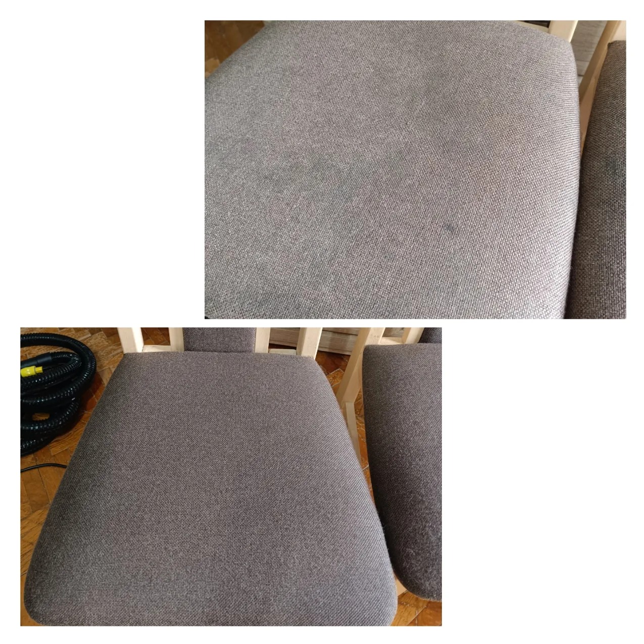 Krzesło tapicerowane przed i po czyszczeniu, widoczne różnice w kolorze i plamy usunięte na górnym ujęciu, wąż odkurzacza piorącego z boku.