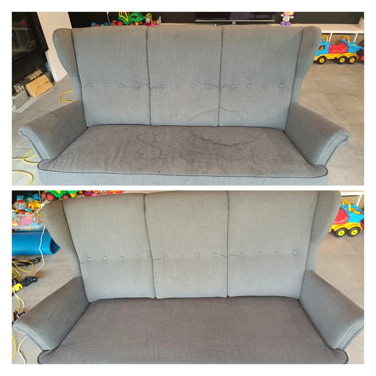 Dwuczęściowe zdjęcie szarej kanapy z wysokim oparciem, prezentujące widoczną różnicę przed i po czyszczeniu, z plamami na siedzisku w górnej części i czystym materiałem w dolnej części, na tle...