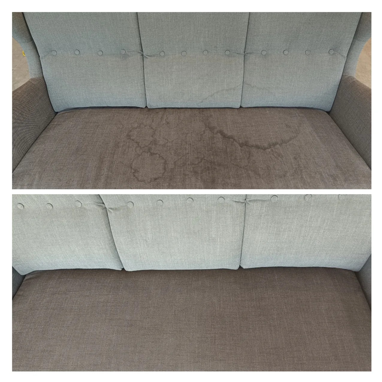 Dwuetapowe ujęcie sofy: widoczne plamy przed czyszczeniem i jednolity kolor po usunięciu zabrudzeń, jasnoszara tapicerka z guzikami.