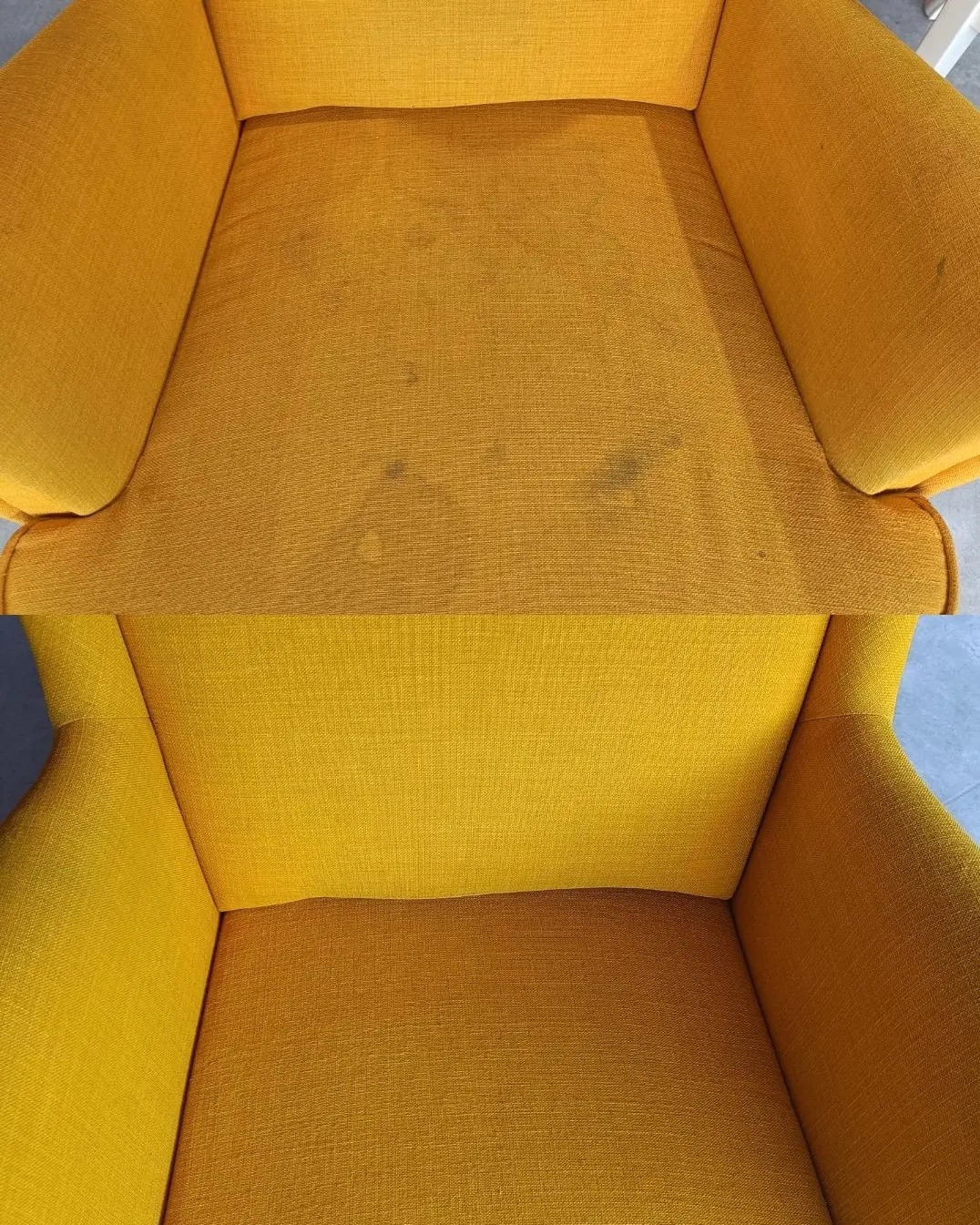 Żółty fotel tapicerowany: góra z widocznymi plamami przed czyszczeniem, dół po czyszczeniu, prezentujący efekt usługi.