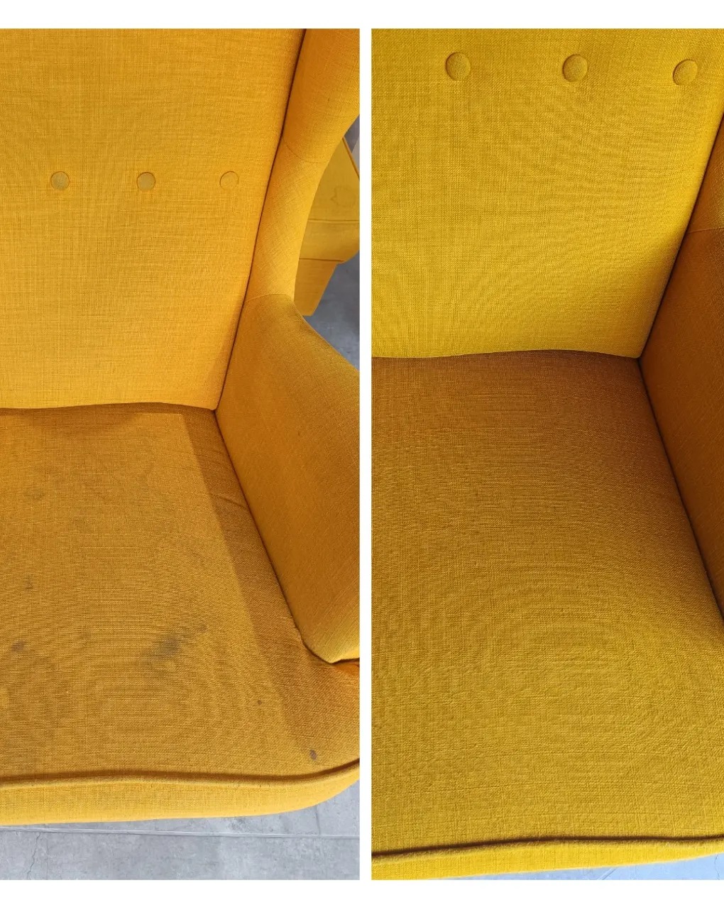 Żółty fotel tapicerowany: porównanie przed i po czyszczeniu. Widoczne plamy na siedzisku przed zabiegiem oraz czysta powierzchnia po jego wykonaniu.
