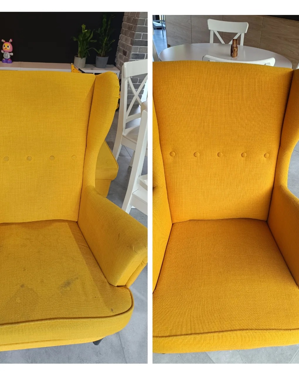 Żółty fotel typu uszak przed i po czyszczeniu, widoczne plamy na siedzisku przed zabiegiem, czysty materiał po prawej stronie.