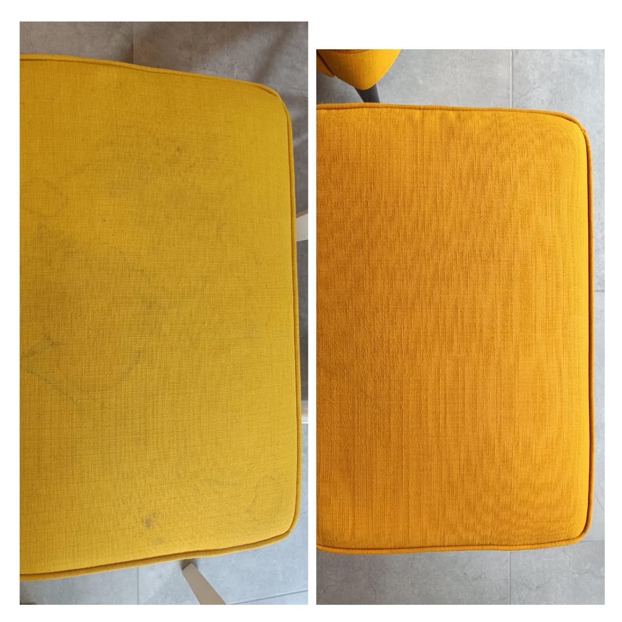 Żółte siedzisko krzesła tapicerowanego: po lewej stronie widoczne plamy i zabrudzenia, po prawej efekt po czyszczeniu, ukazujący odświeżony, jednolity kolor i strukturę tkaniny.