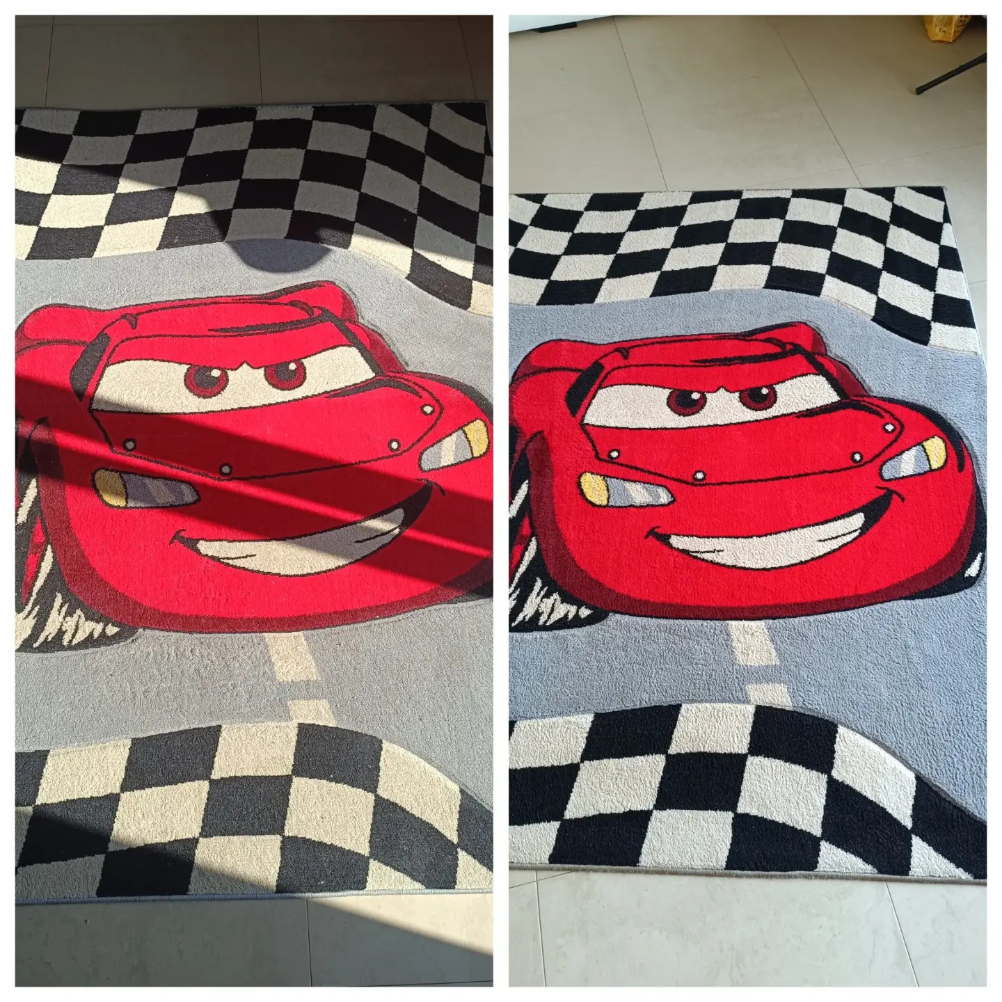Dwa ujęcia dywanu dziecięcego z motywem Zygzaka McQueen i szachownicy, leżącego na jasnej podłodze z płytek. Na jednym zdjęciu widoczne cienie, na drugim lepsze oświetlenie.