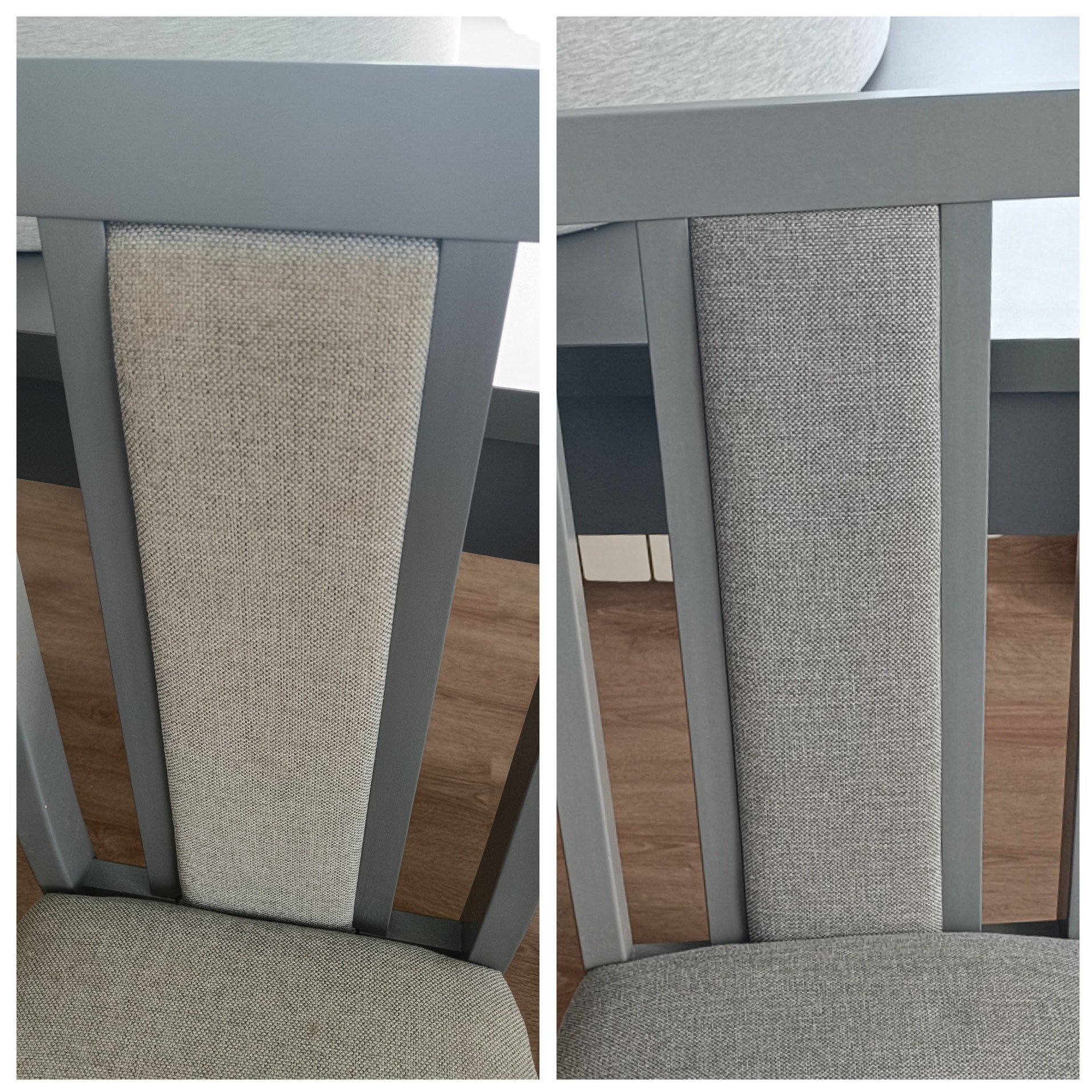 Dwa fragmenty krzesła tapicerowanego z szarą ramą i jasną, teksturowaną tkaniną, ukazujące różnicę w odcieniach po czyszczeniu lub przed i po czyszczeniu.