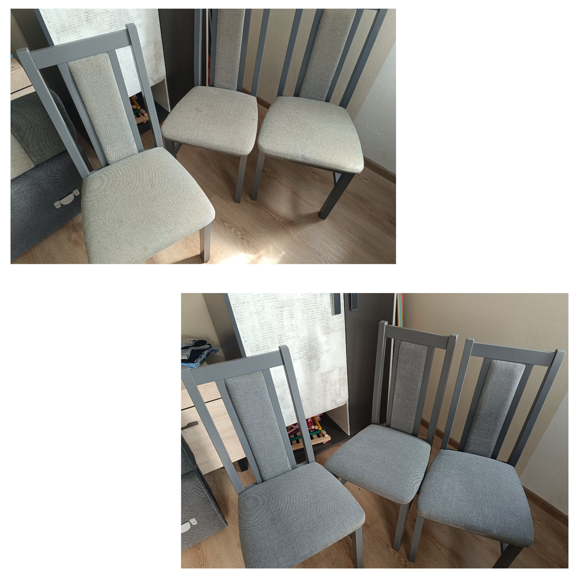Dwa ujęcia krzeseł tapicerowanych w odcieniach szarości na drewnianej podłodze, z widocznymi detalami tkaniny i konstrukcji.