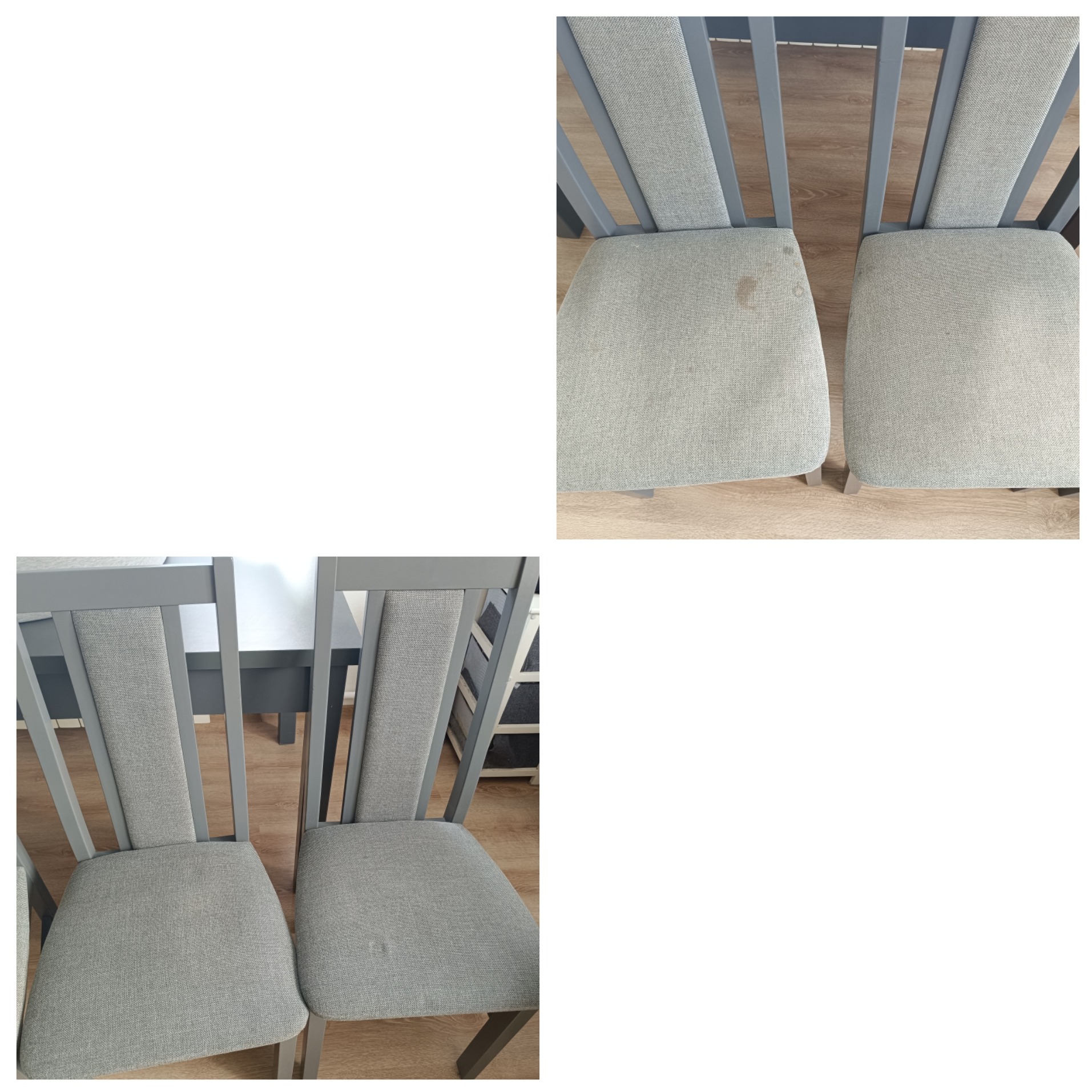 Dwa krzesła tapicerowane z szarą ramą i siedziskiem z widoczną plamą na jednym z nich, stojące na podłodze imitującej drewno.