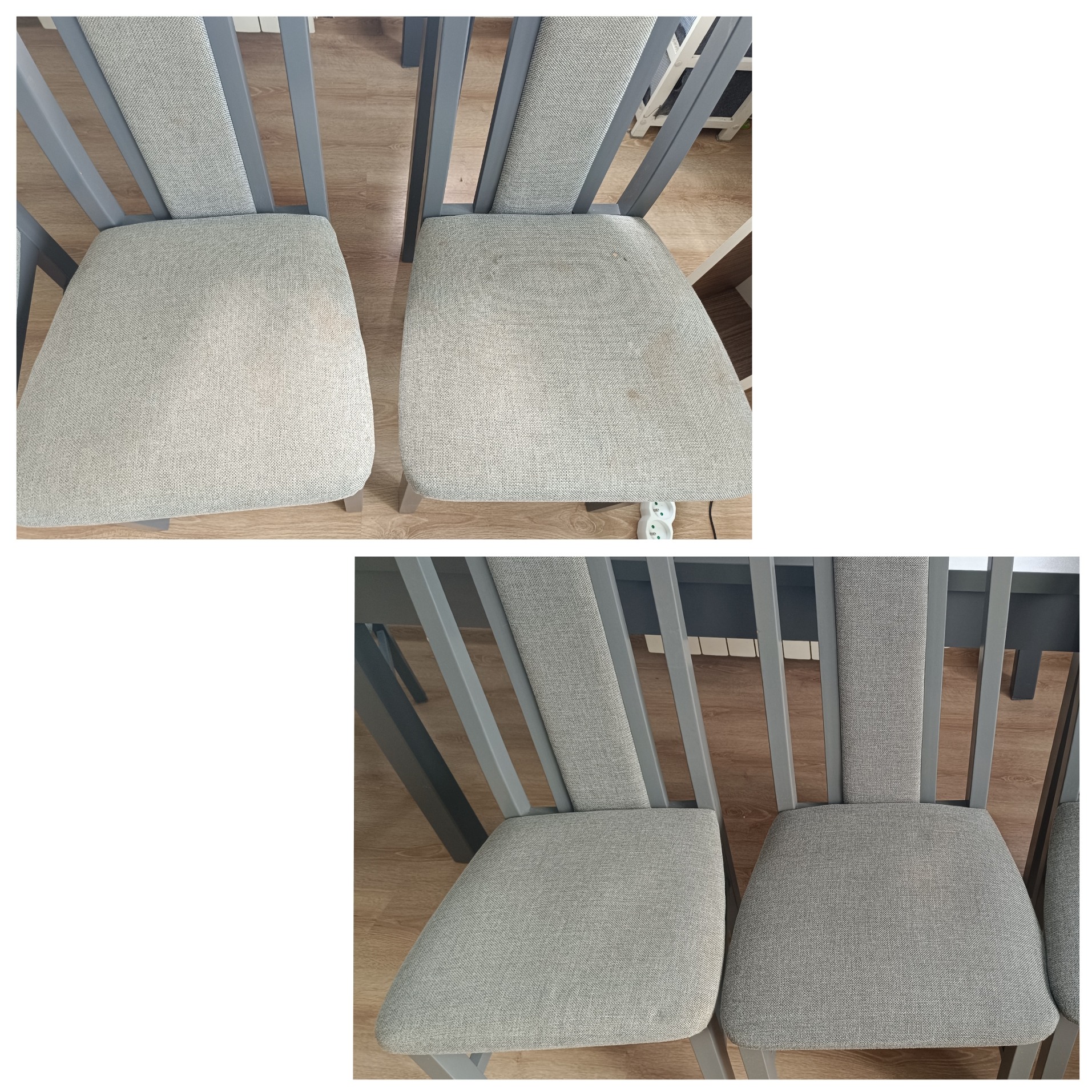 Dwa krzesła z szarą tapicerką, na jednym widoczne plamy przed czyszczeniem, drugie po czyszczeniu, ukazujące różnicę w wyglądzie.