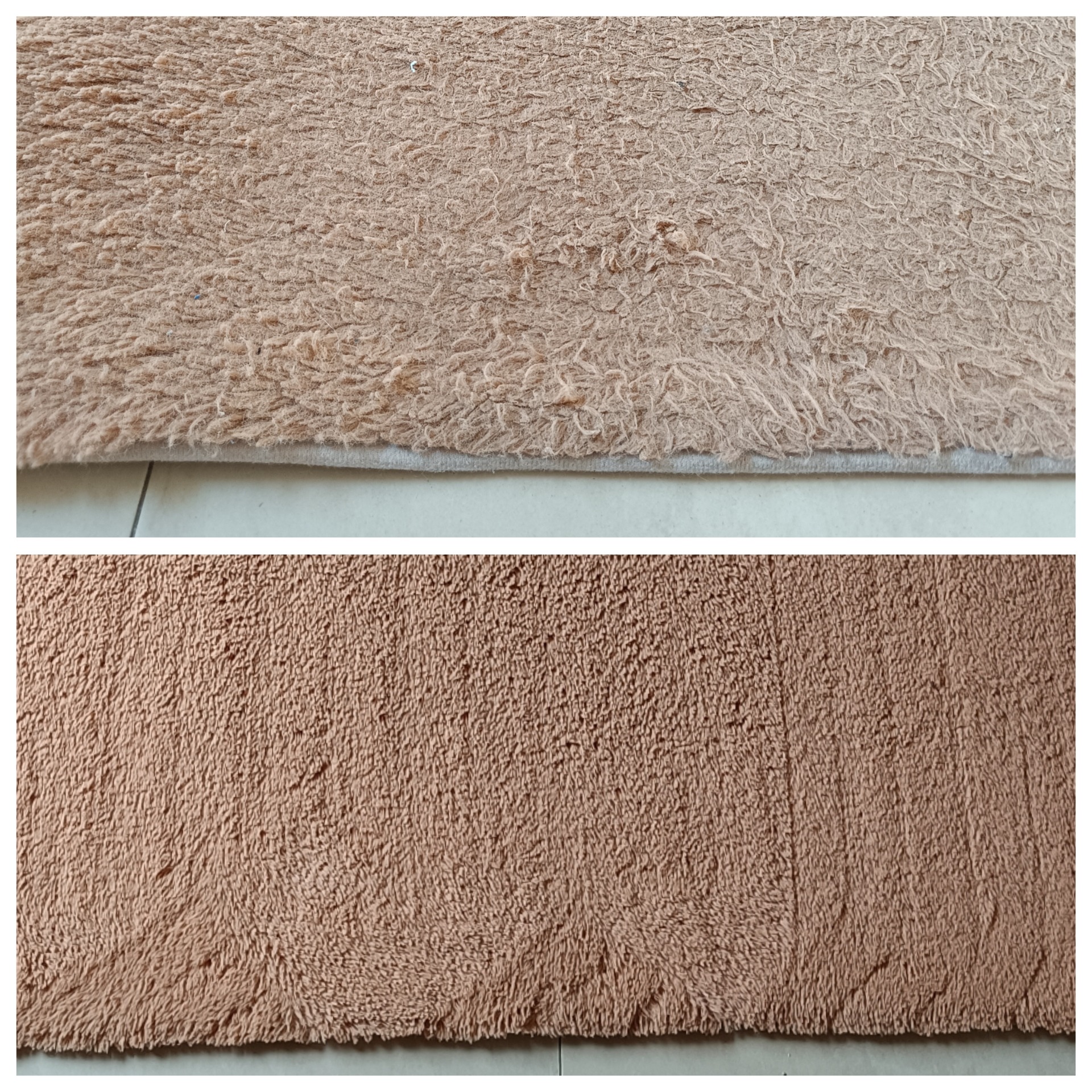 Beżowy dywan z długim włosiem, widok przed i po czyszczeniu, ukazujący różnicę w kolorze i strukturze.