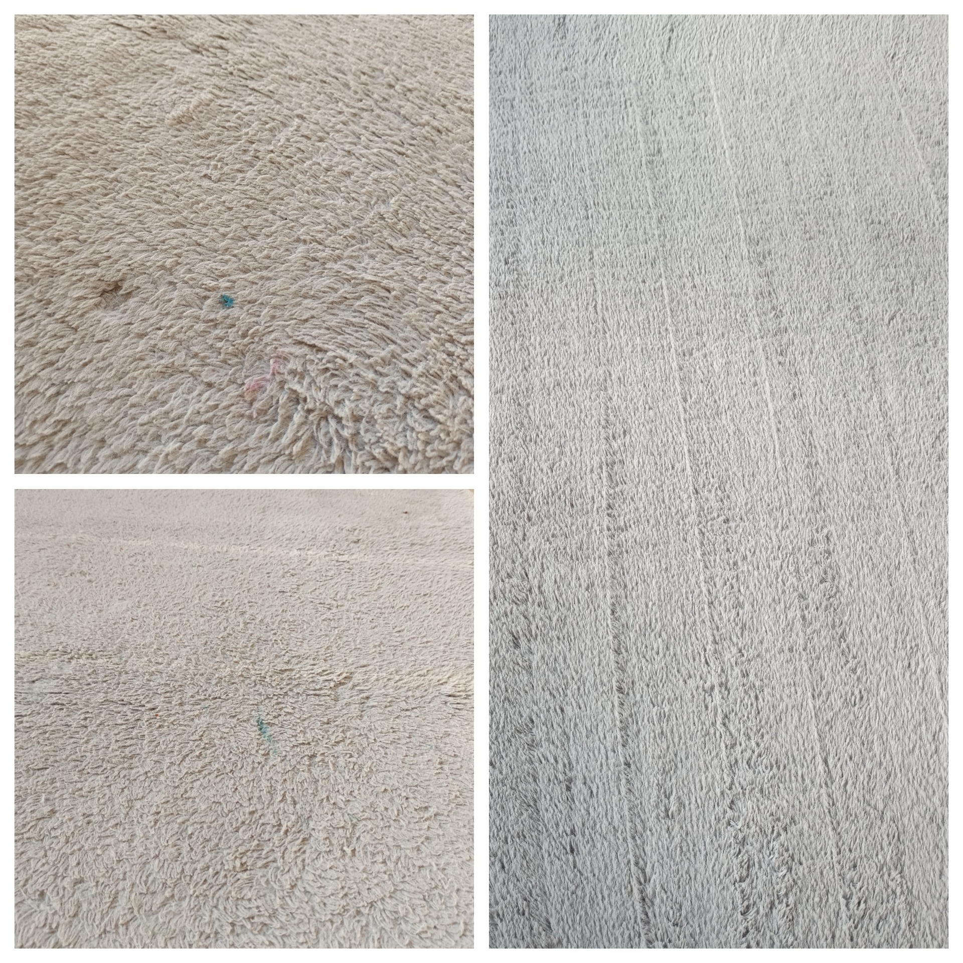 Fragment beżowego dywanu z długim włosiem, widoczne ślady po czyszczeniu, z bliska widoczny mały, niebieski punkt zabrudzenia.