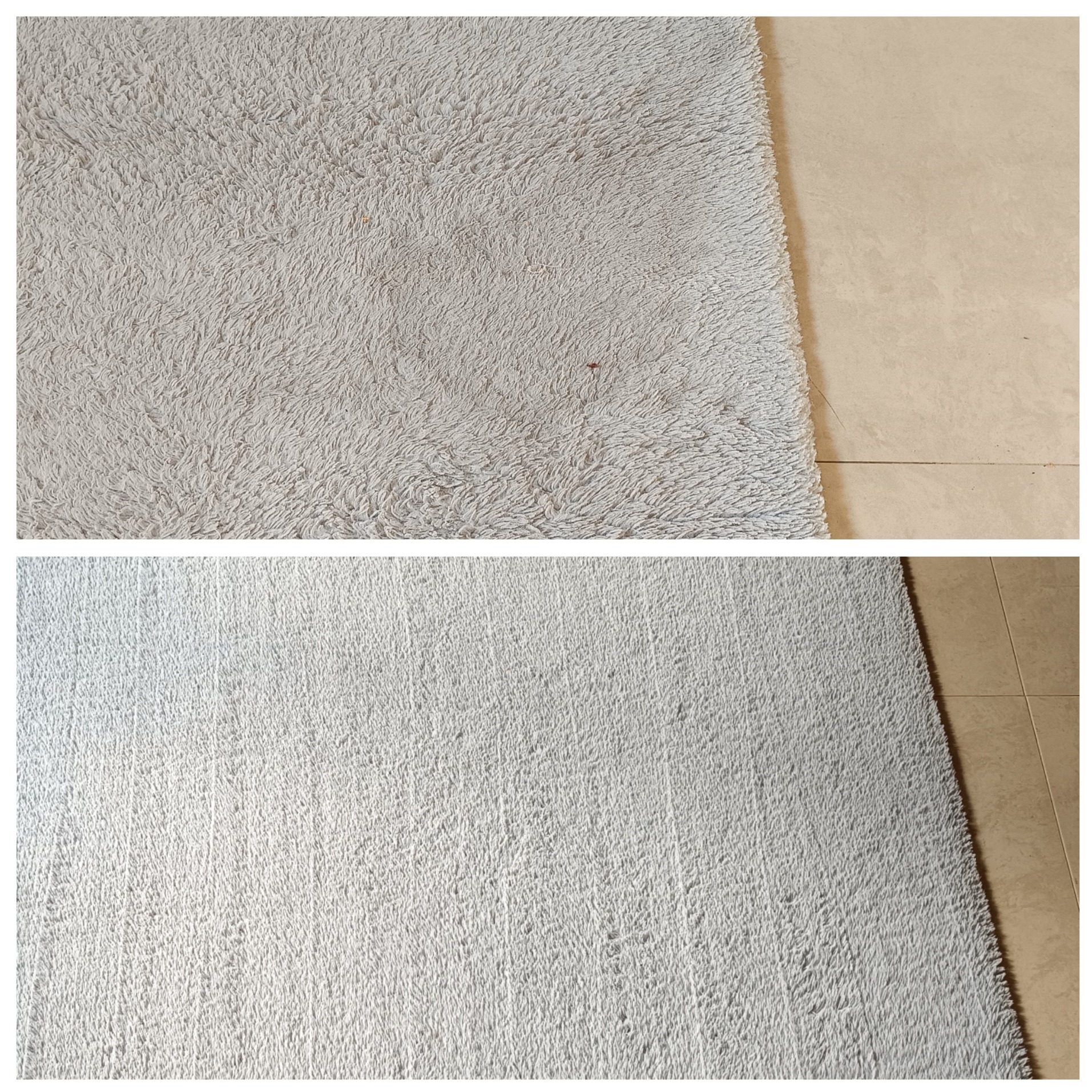 Porównanie fragmentu jasnego, puszystego dywanu przed i po czyszczeniu, widoczne różnice w odcieniu i strukturze włókien, obok czysta, beżowa płytka podłogowa.