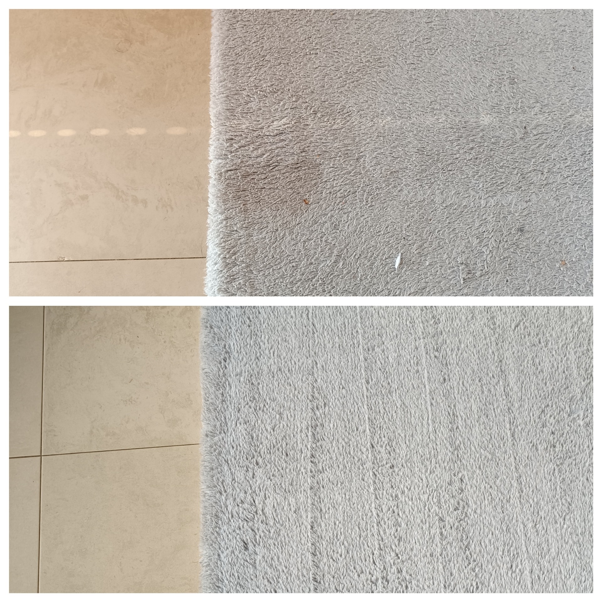 Porównanie stanu dywanu przed i po czyszczeniu, widoczne różnice w kolorze i usunięte zabrudzenia.