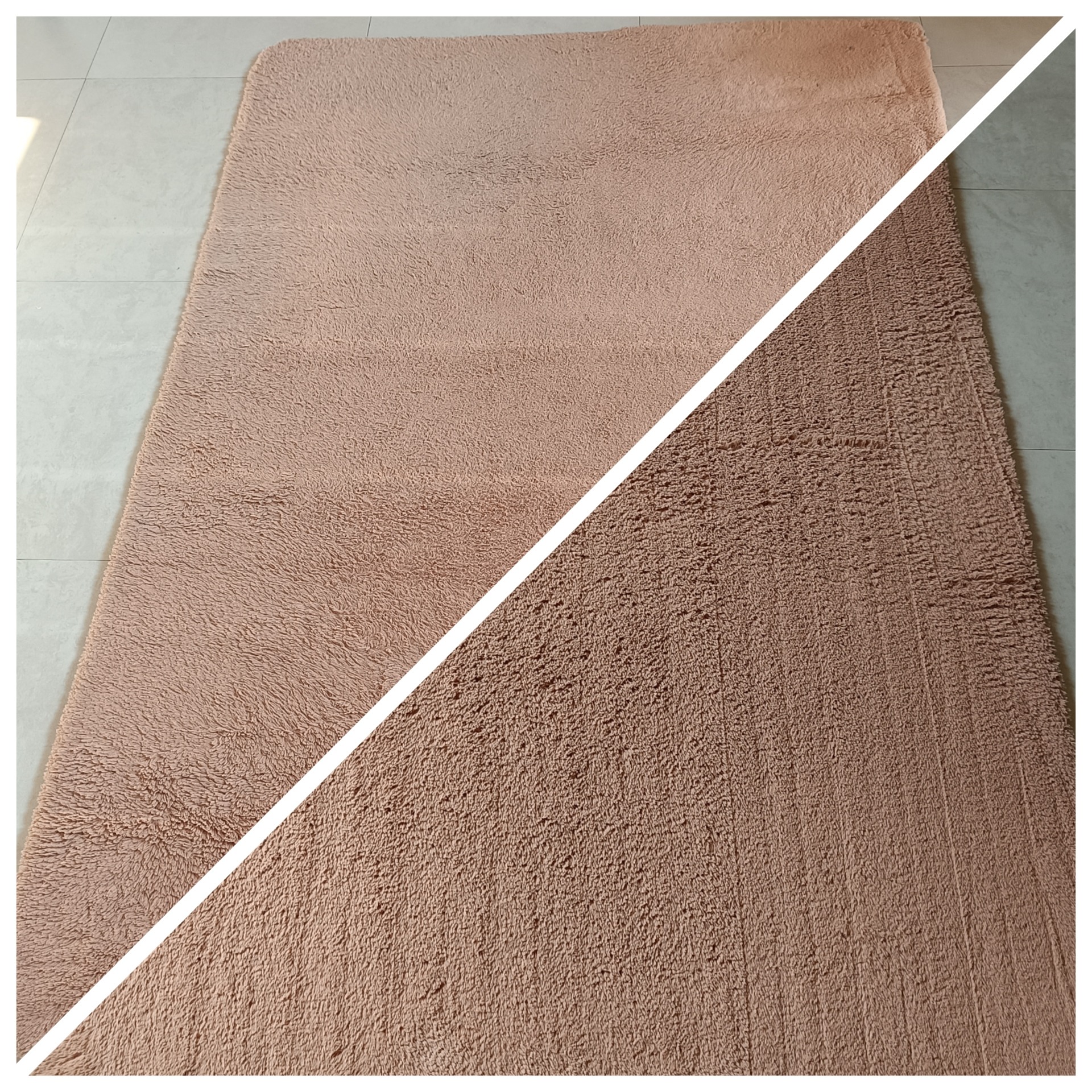 Dywan shaggy w odcieniach beżu, podzielony ukośną linią prezentującą stan przed i po czyszczeniu.