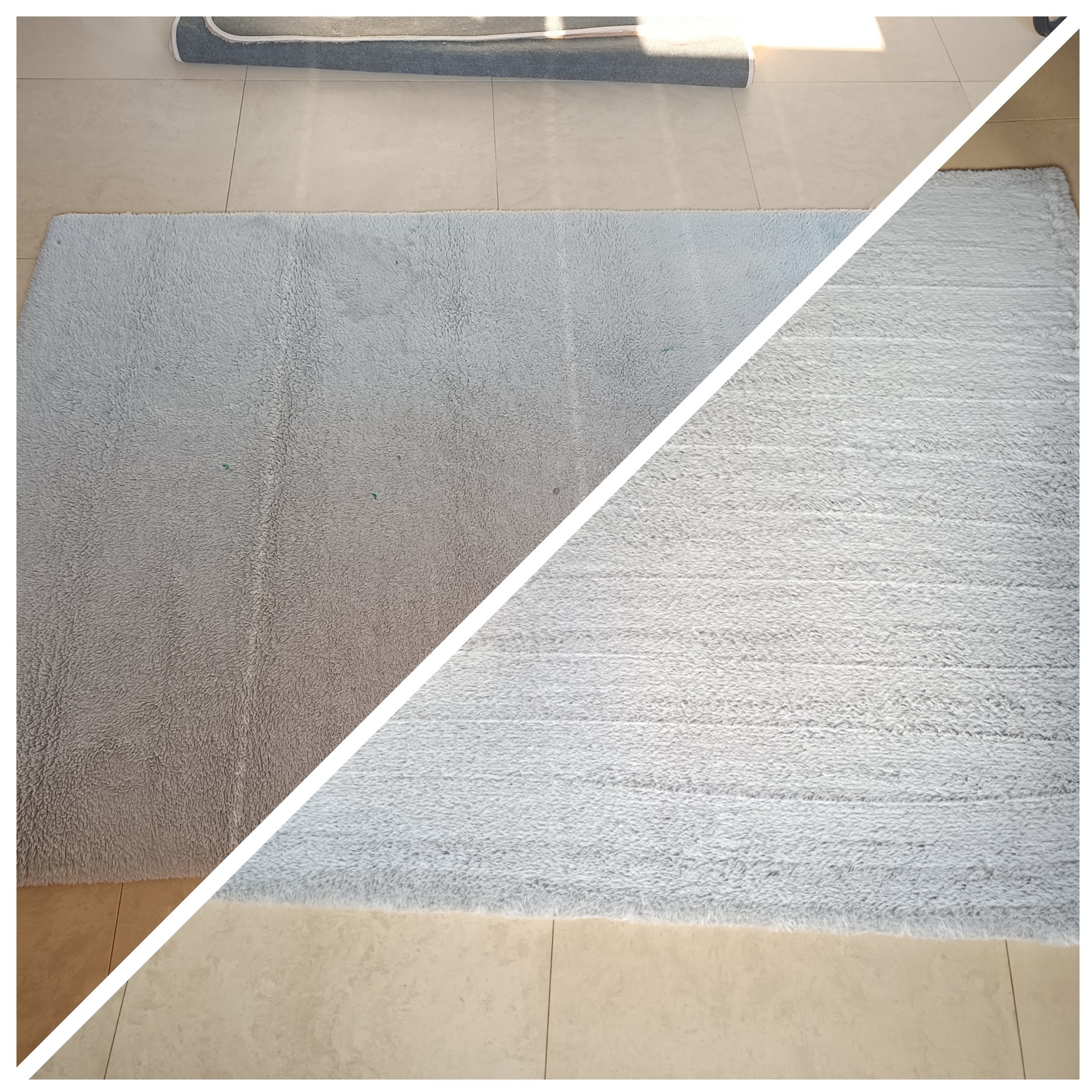 Dywan shaggy podzielony na pół: część po lewej stronie jest szara i brudna, a część po prawej stronie jest czysta i jasnoszara, co ilustruje efekt prania dywanu.