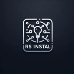 Logo firmy RS Instal przedstawiające żarówkę otoczoną schematem połączeń elektrycznych w kwadratowej ramce na ciemnym tle.