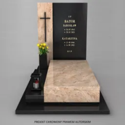 Dwukolorowy pomnik z ciemnego granitu i beżowego kamienia, z wygrawerowanym krzyżem, imionami i datami, ozdobiony żółtymi tulipanami w czarnym wazonie i lampionem ze świecą.