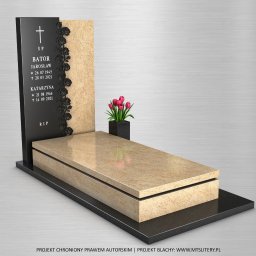 Kamieniarstwo NERO Kamil Wodecki - Wizualizacja nagrobka z jasnego kamienia z czarnym elementem z wygrawerowanymi danymi, ozdobionego motywem róż. Obok wazon z czerwonymi tulipanami.