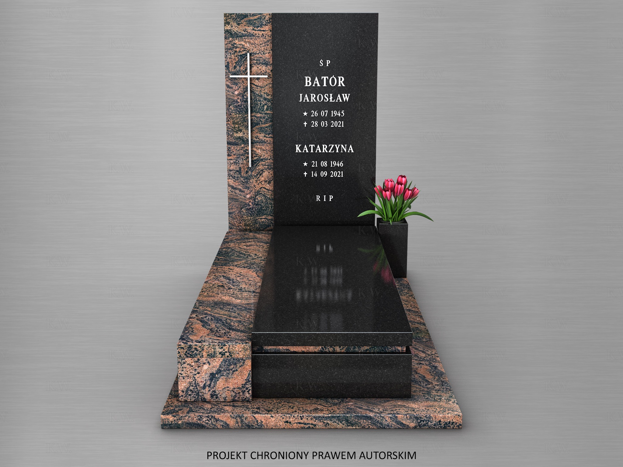 Wizualizacja nagrobka z ciemnego granitu z wyrytym krzyżem i imionami, ozdobionego bukietem czerwonych tulipanów.