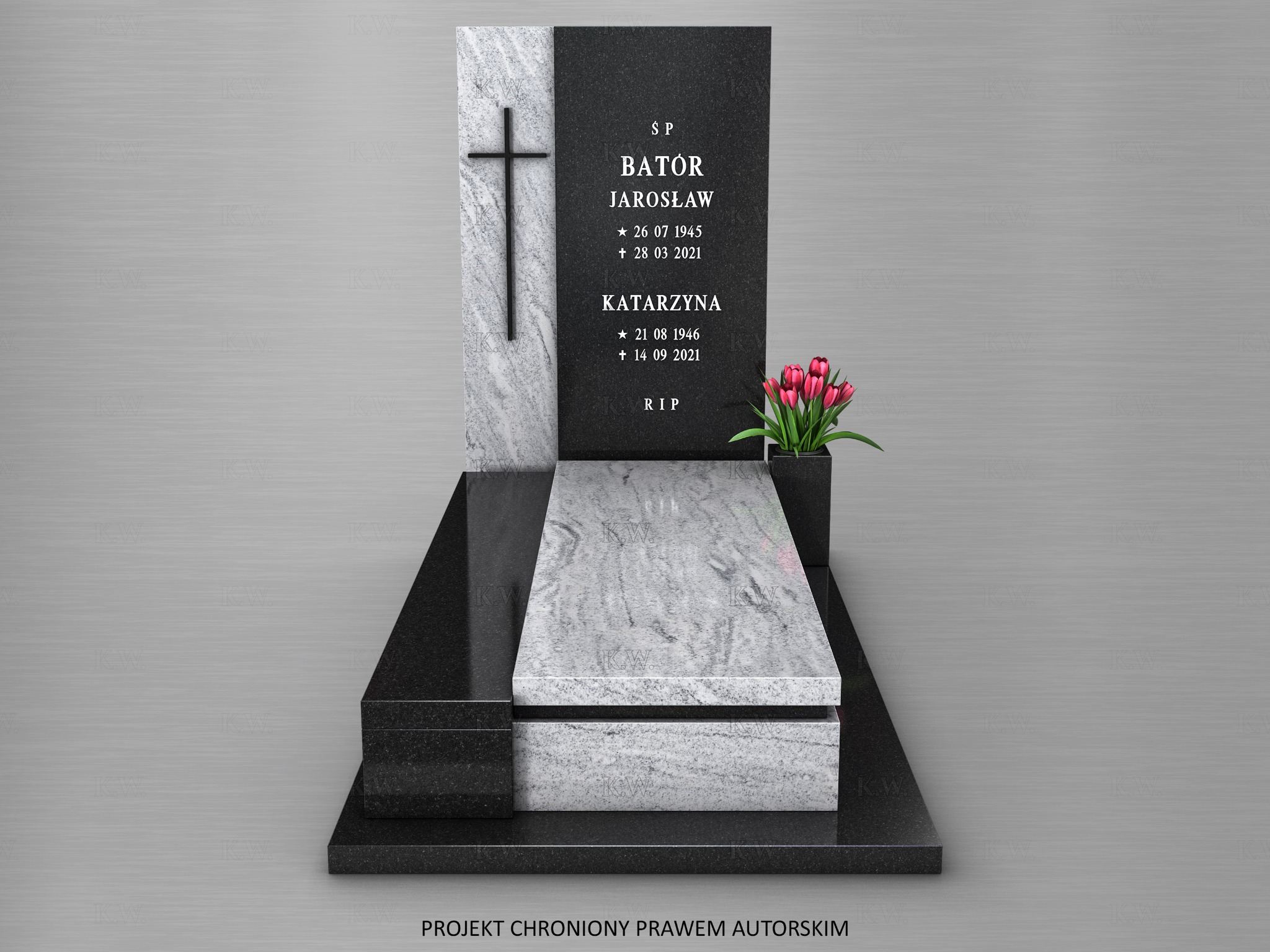Wizualizacja nagrobka z czarnego i szarego granitu z krzyżem, kwiatami i inskrypcjami, projekt z Siemianowic Śląskich.